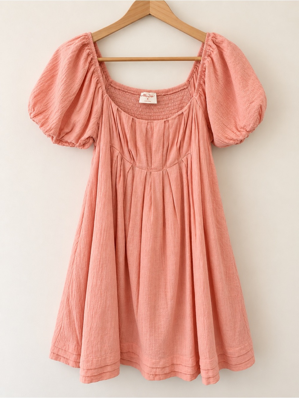 Allie Rose Pink Cotton Puff Sleeve Smocked Babydoll Mini Dress M